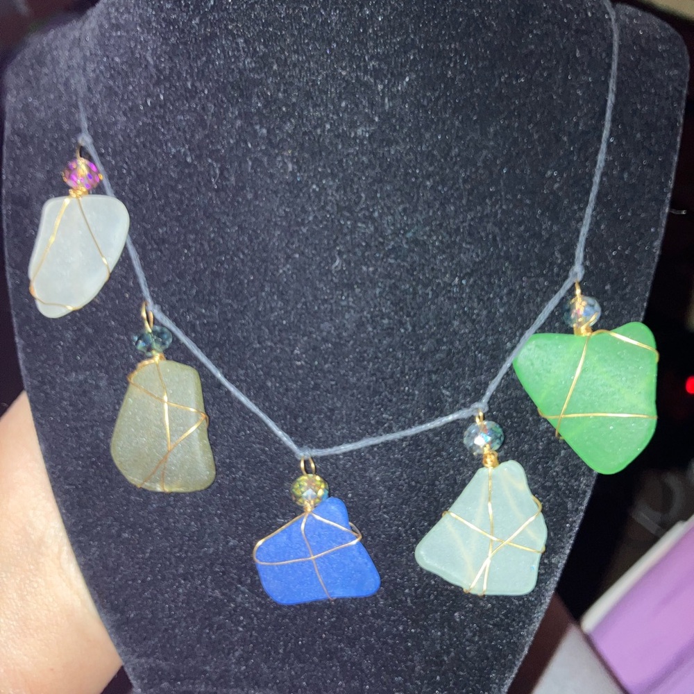 #19 Handmade seaglass stack necklace brown green